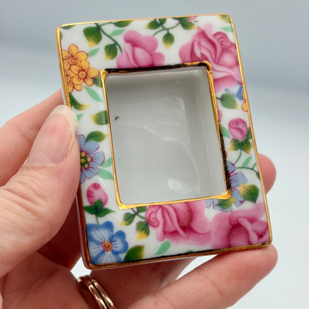 Twos Company Michelle Chintz Miniature Porcelain Floral Picture Frame Gold Trim